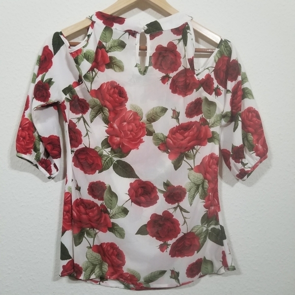 Women's White Floral Cold Shoulder Sar Michel Pearl Neckline Blouse - Picture 2 of 7